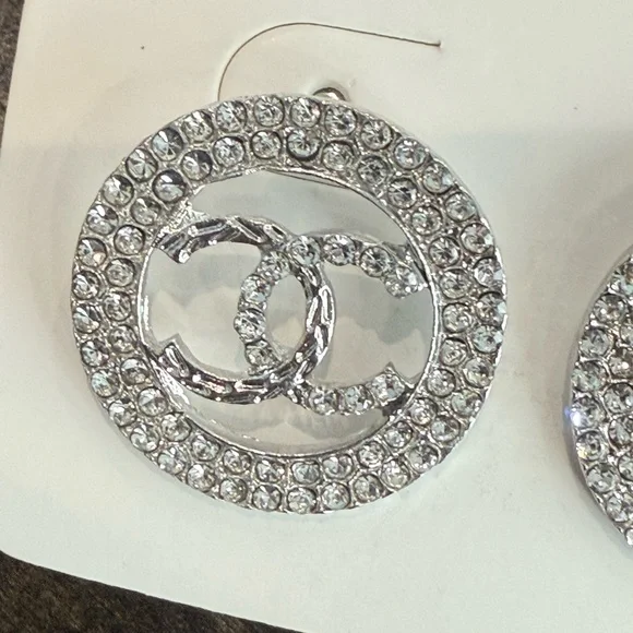 CHANEL Silver Crystal Logo Earrings - Picture 2 of 4